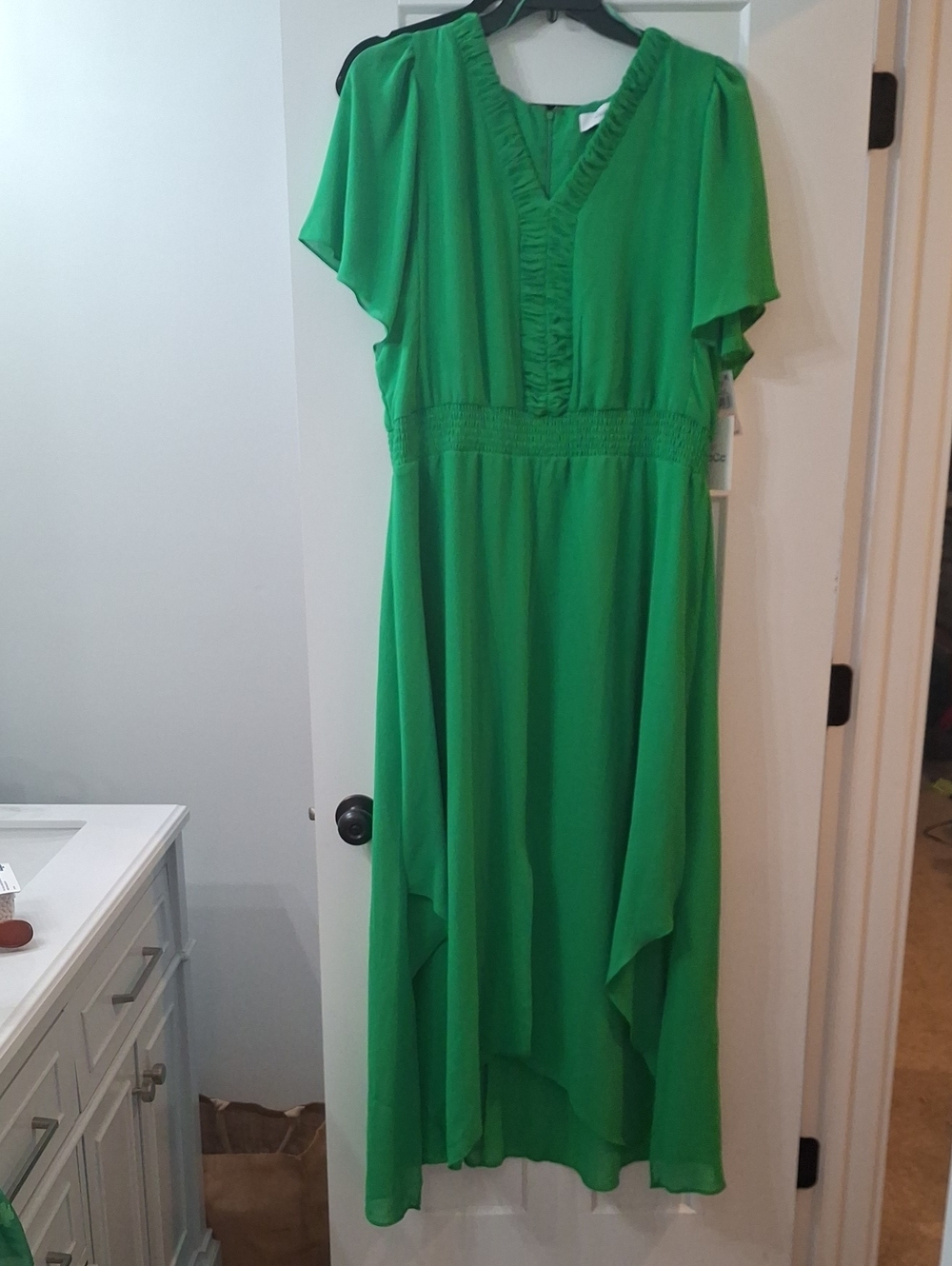 Vivid Green V-Neck High-Low Dress with Flutter Sleeves CeCe